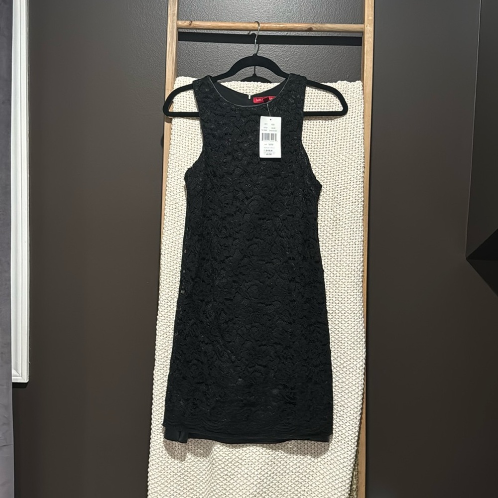 New w/Tags Saks Fifth Avenue black sleeveless lace dress w/ faux leather liner